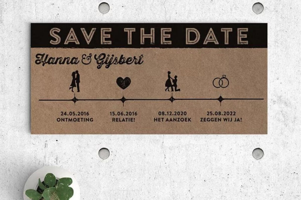 Wanneer stuur je een save the date? Kartonnen kaart met tijdlijn en tekeningen van de relatie van het bruidspaar. 